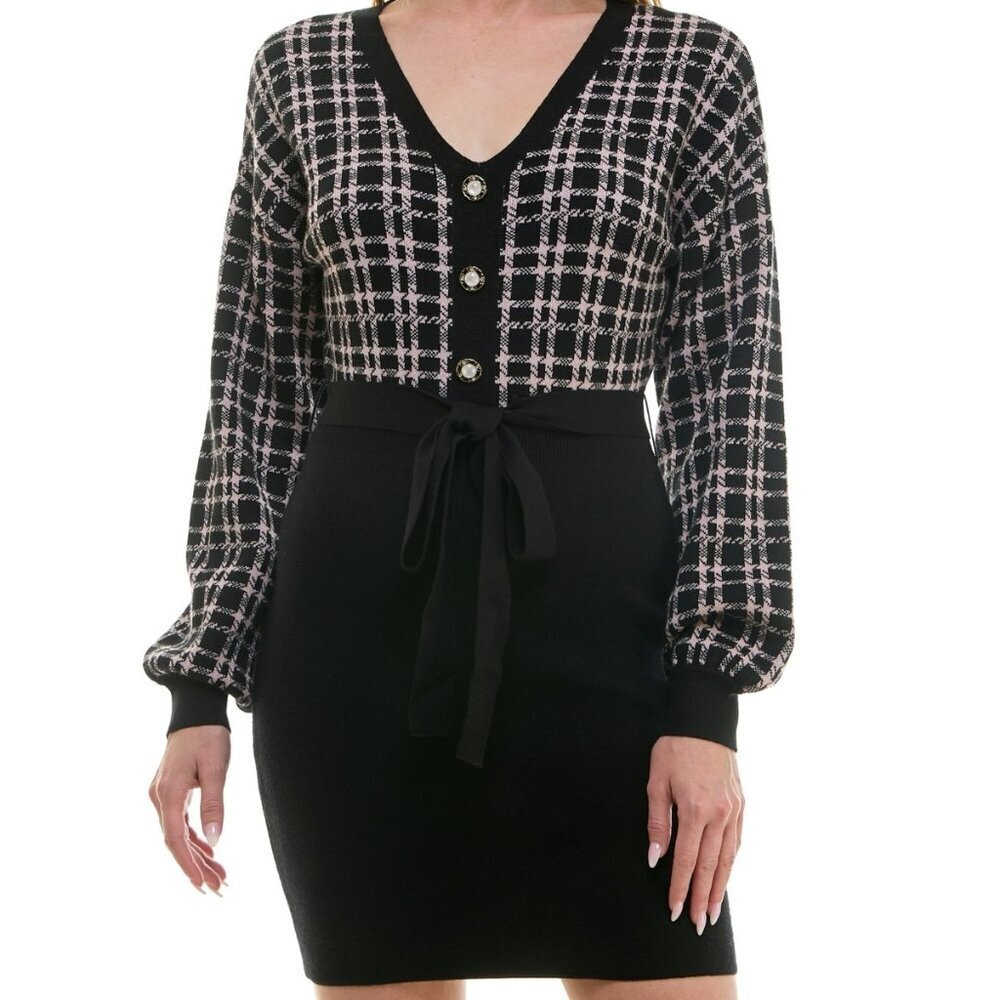 BCX Juniors' V-Neck Long-Sleeve Tie-Waist Sweater Dress – Pattern J (NWT, M)